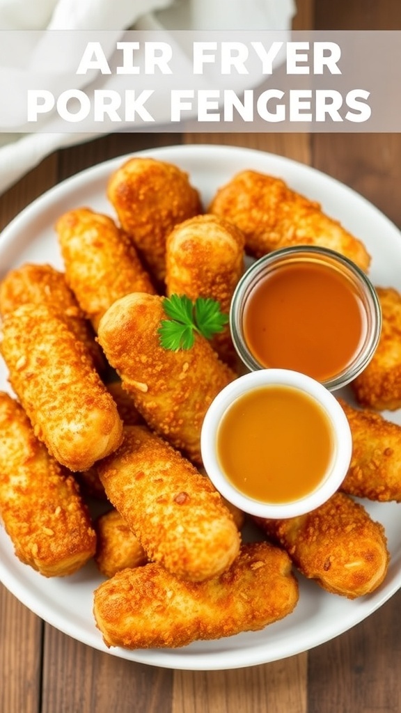 Crispy air fryer pork fingers served with dipping sauce on a rustic table.